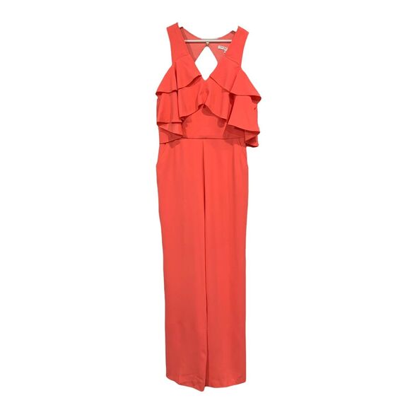 Trina Turk Size 4 Jumpsuit Josephine Coral Ruffle Cold Shoulder Trouser Coral - Picture 2 of 12